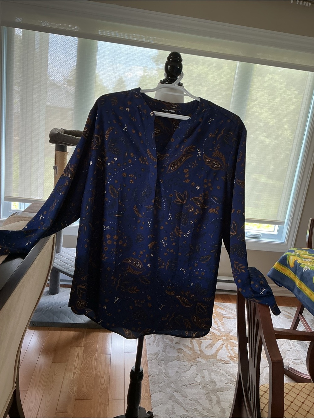 Hilary Radley Navy Blouse with Gold Floral Motif